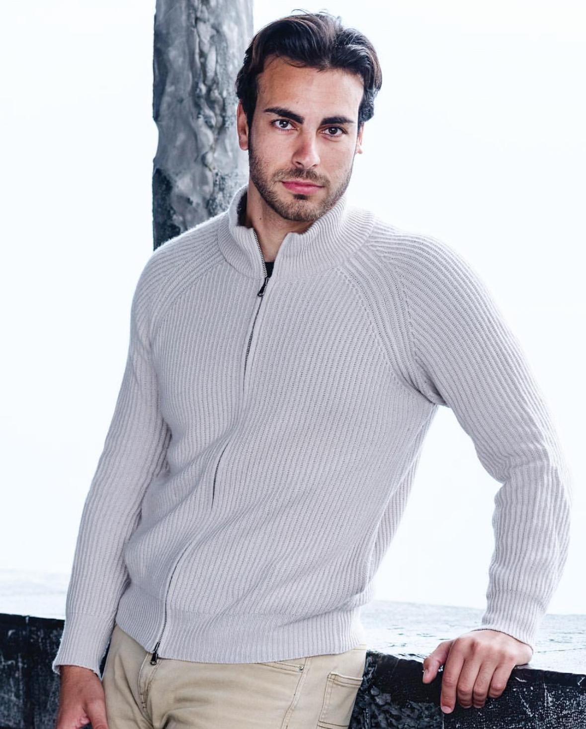 Ribbed menswear knitwear with a high neckline